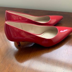 Red patent pumps, 2 in heel